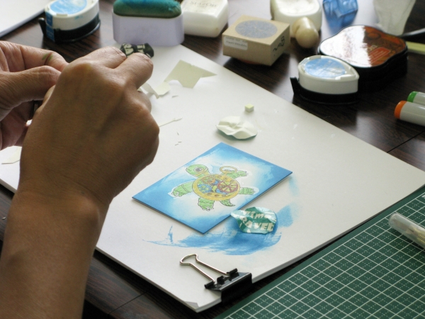 gumiさんの新作スタンプを使ったATC体験教室「Gear TurtleスタンプでATCを作ろう」すたんぷえん 