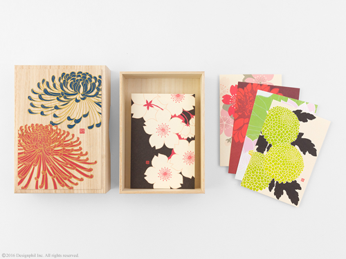 144柄の中から厳選した「100柄のはがき」と桐を使った「はがき箱」