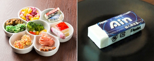 チーズで出来た、 食べられる「Ain消しゴム」が付いている、7種類のカラフルおつまみセット。 