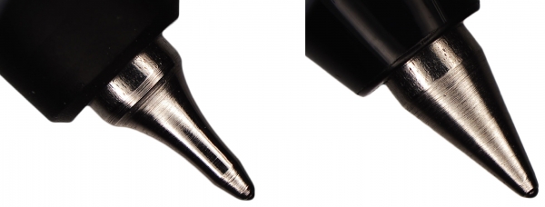 左図：ポイントチップ　（ボール径：0.28mm）　　　　右図：既存のチップ（ボール径：0.38mm）
