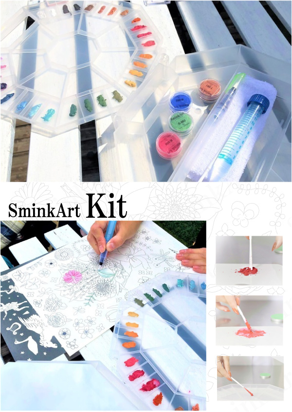 「ＳｍｉｎｋＡｒｔキット」油で被膜された化粧品粉末はなかなか水に溶けません。そんな化粧品を水溶性の絵具に大変身。ケースは、165度開けるとパレット側と備品収納側に分離できます。