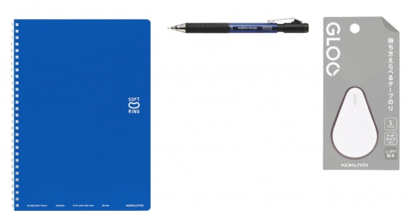写真：左からソフトリングノート、鉛筆シャープ、GLOO テープのり