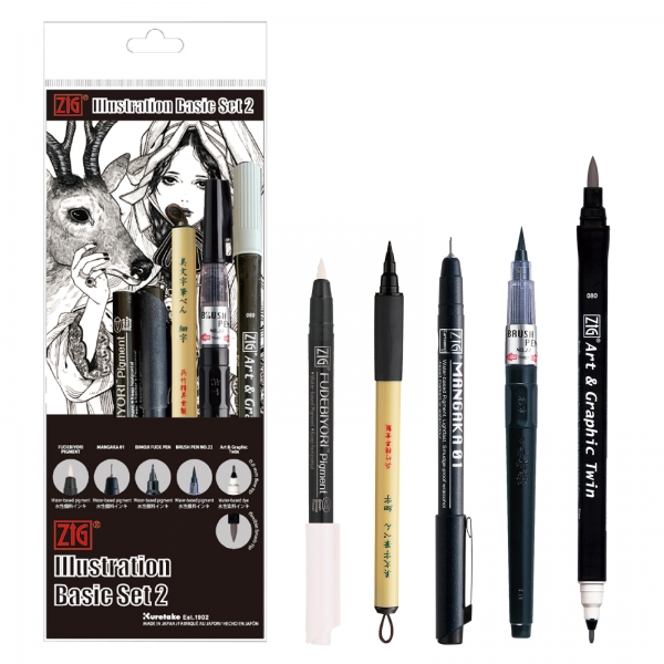 インクトーバー特別商品　●ZIG ILLUSTRATION BASIC SET2 筆ぺん 5本セット( 税込価格 \1,430 )