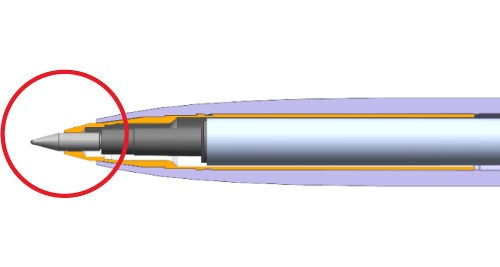 ペン先に金属パーツを内蔵しています。 上図（ペン先断面図）のオレンジ色の部分が金属パーツを使用している部分です。