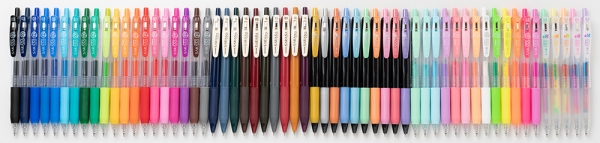 サラサクリップ   価格：税込￥110 発売年：2003年 特長：ジェルボールペン国内最多の57色