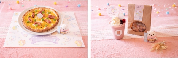 (左)しろくまのほかほかコーンポタージュのピッツァ（PIZZA SALVATORE CUOMO＆GRILL） (右)しろくまのバナナ＆いちごシェイクとラスクのセット（食炒音（クッチャネ）)