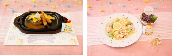 (左)あつあつチーズハンバーグ＆えびふらいセット（アルカサール） (右)さわやかレモンクリームパスタ（Amici）