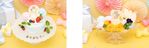 左：★リラックマたちのお祝いケーキ　1,400円（税込1,540円） フルーツやわたあめに囲まれたリラックマたちのお祝いケーキ。  右：★お祝いのフラワーパフェ　1,400円（税込1,540円） バラに見立てたフルーツが華やかなお祝いパフェ。