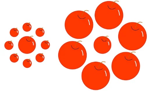 真ん中のリンゴの大きさは同じ？違う？（エビングハウス錯視）