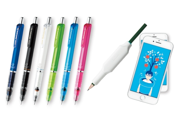 写真の、芯を徹底ガードし折れを防止するシャープペンシル「デルガード」（ゼブラ・2014年）や、子どもの勉強の習慣化を促すIoT文房具「しゅくだいやる気ペン」（コクヨ・2019年発売）など。