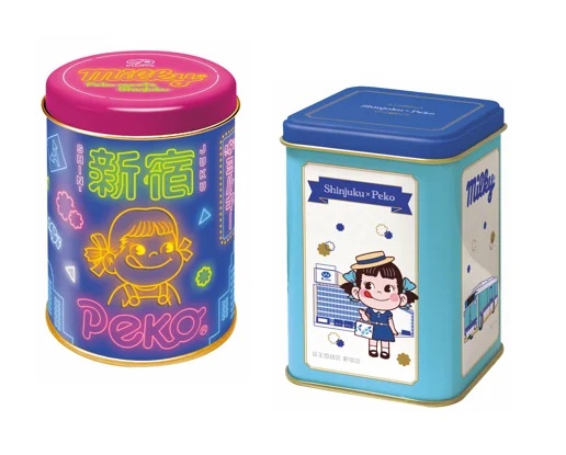   「ミルキー缶 (新宿ペコちゃんデザイン)」(丸／角)〈ミルキー15粒入〉各660円